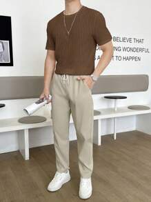 Mainfolk Men Solid Ribbed Knit Tee, Summer - Brown - View 6