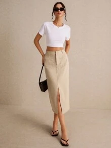 SHEIN Frenchy 素色開衩短裙不附腰帶 - 卡其色 - 查看 4