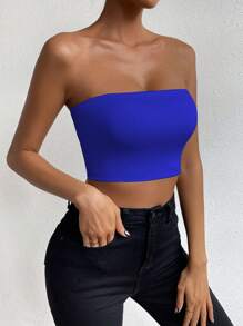 Chiquease Áo crop top quây lưng màu trơn cho nữ - Xanh đậm - Xem 6