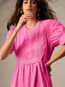 Anewsta Đầm ngắn tay đơn giản hàng ngày màu trơn tối giản cho nữ - Màu Hồng Tươi - Xem 3