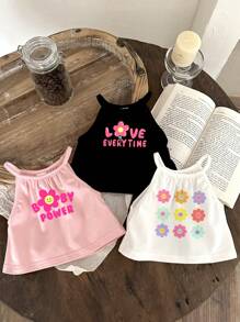 SHEIN ModeFlare Wear 3pcs Baby Girl Casual Simple Cute Cartoon Flower, English Alphabet Print White/Black/Pink Tank Top Set Suitable For Summer, Baby Girl Clothes, Flower Shirt, Cute Shirts, Pink Shirt, Baby T Shirt Girl - Multicolor - View 1