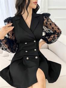 Modelyn Women's Lace Embroidery Splicing Front Button Notched Collar Blazer Jacket - Black - View 3