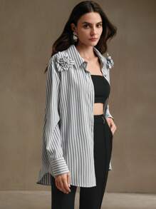 Anewsta Women's Striped Shirt With 3D Floral Decor - Black - View 7