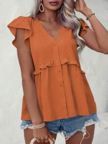 Calvaya 大码女式夏季纯色荷叶边 V 领喇叭袖休闲衬衫女式衬衫 - 橘色 - 查看 4