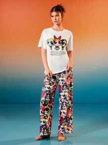 THE POWERPUFF GIRLS X SHEIN Summer White T-Shirt & Trousers Pajama Set, Basic Cute Style, Cartoon Style Pattern - White - View 5