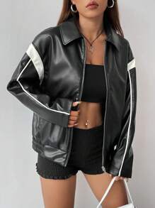 SHEIN Unity Áo khoác nữ sọc dài tay có khóa kéo sành điệu hợp thời trang phong cách đường phố - màu đen - Xem 5