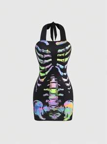 SHEIN Unity 发光彩色印花时尚吊带连衣裙迷你短款女装 - 彩色 - 查看 6