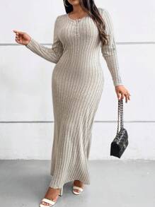 Calvaya Plus Size Long Sleeve Ribbed Knit Elegant Dress - Apricot - View 3