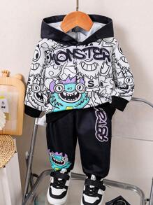 Fall Winter Baby Boys' Cartoon Monster Print Hoodie Sweatshirt & Pants 2pcs Casual Outfit - Black and White - View 1