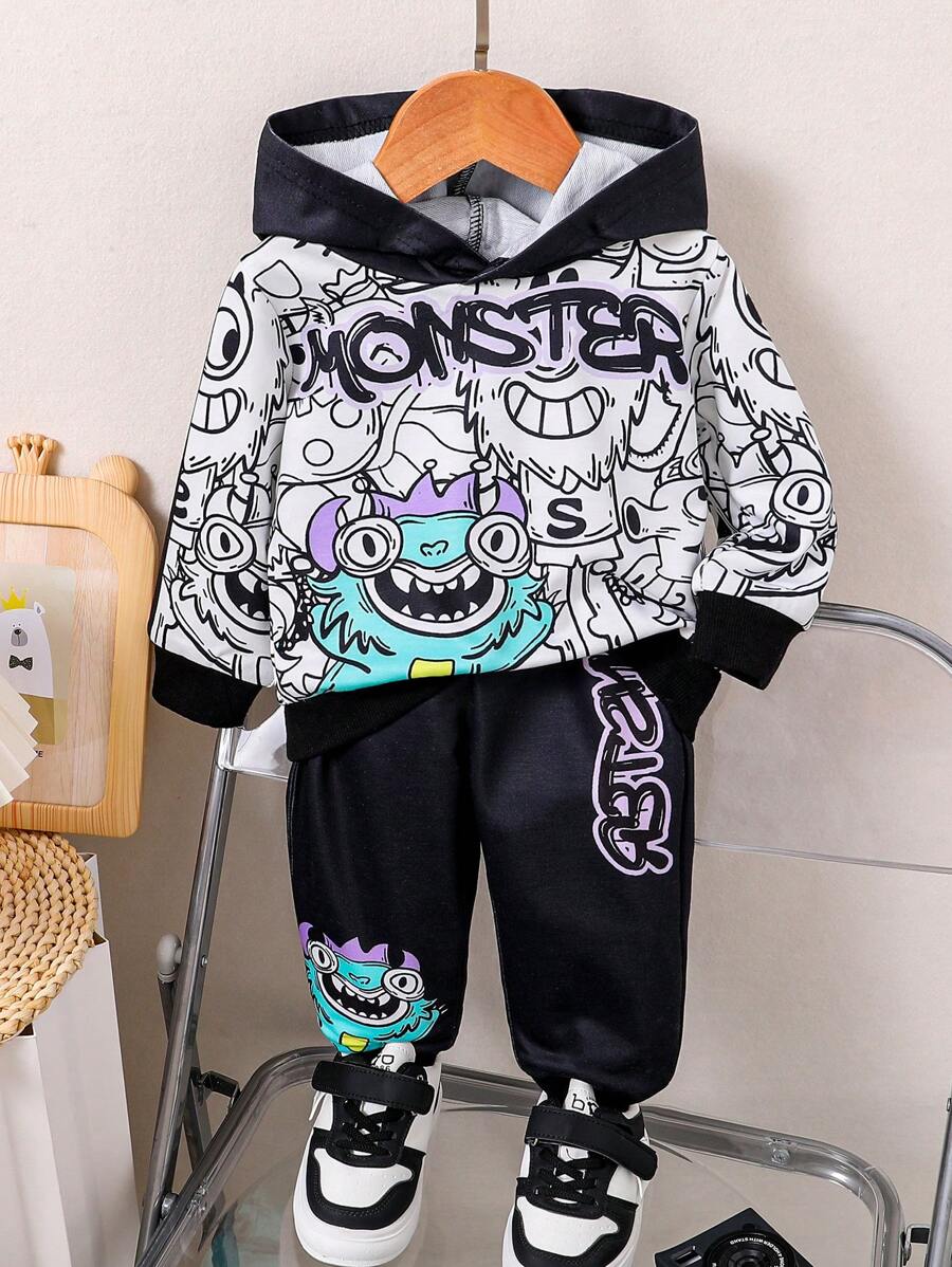 Fall Winter Baby Boys' Cartoon Monster Print Hoodie Sweatshirt & Pants 2pcs Casual Outfit - Black and White - View 1