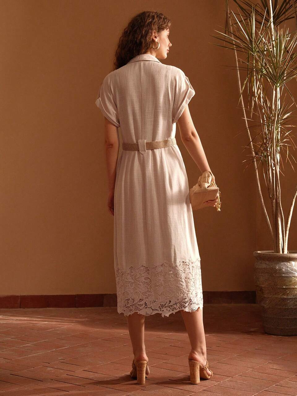 MOTF LINEN CONTRAST LACE HEM ROLL TAB SLEEVE BUTTON PLACKET DRESS