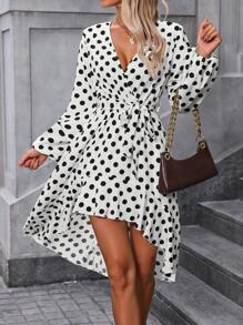 SHEIN LUNE Women's Autumn Color Block Polka Dot Print Asymmetrical Hem Midi Work Dress - White - View 3