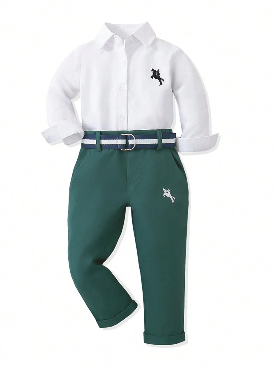 SHEIN 2pcs Young Boy's Knight Embroidered Long Sleeve Shirt & Pants Gentleman Outfit, Spring Fall - Dark Green - View 1