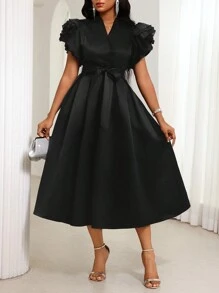 SHEIN Lady Women's Elegant Black V-Neck Ruffle Sleeve Pleated Mid-Length Dress