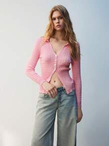 Maija Damen V-Ausschnitt Langarm einfarbiger rosa gestrickter Cardigan