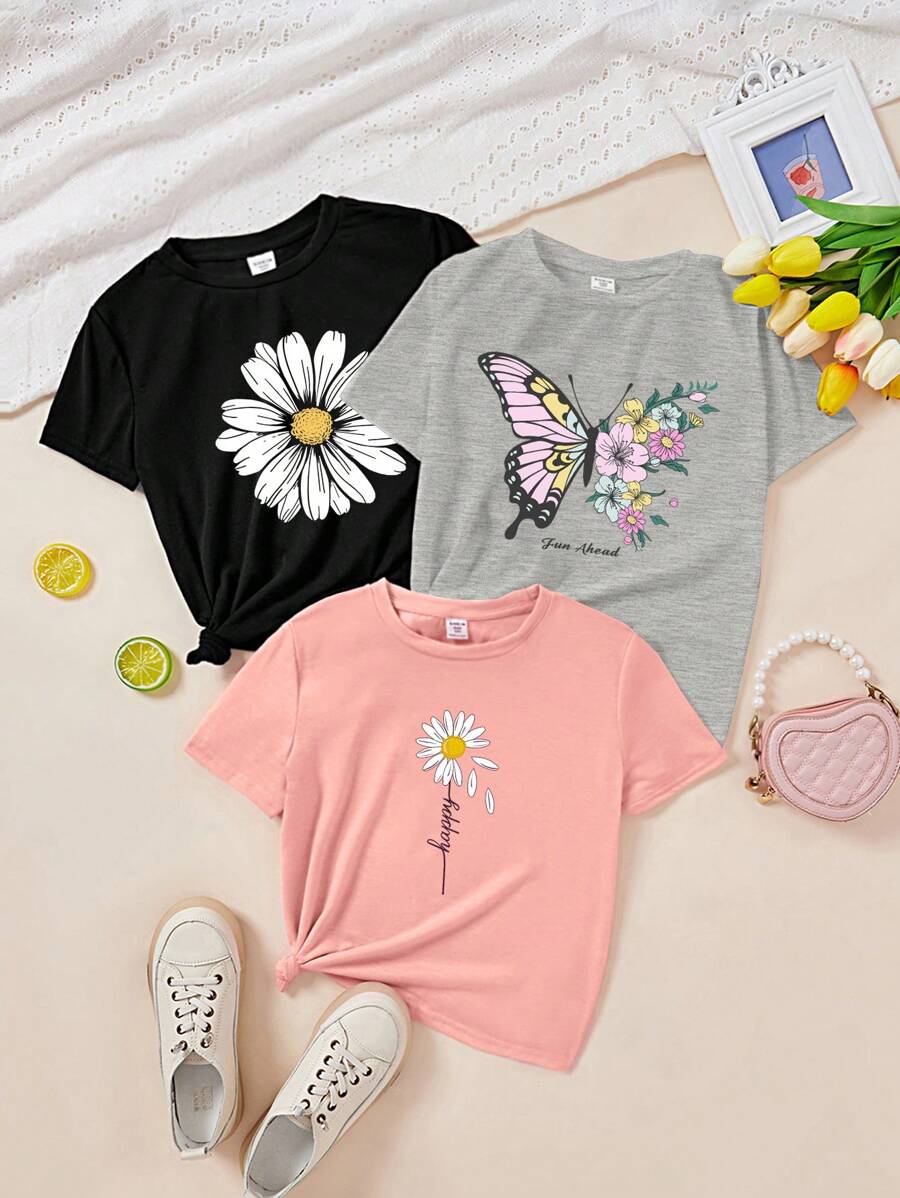 SHEIN EZwear 3pcs/Set Casual Minimalist Butterfly & Flower Print Crew Neck Short Sleeve Cropped Tee Suit For Women, Summer Suitable For Going Out - Multicolor - View 1