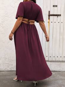 SHEIN Clasi Plus Size Crew Neck Solid Ruffle Sleeve Casual Slit Dress, Summer Maxi Women Outfit - Maroon - View 2