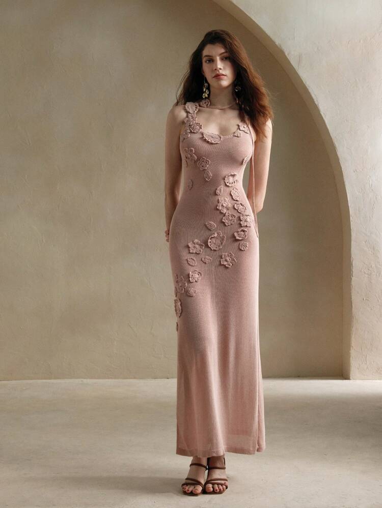 Vintage Elegant Handmade Crochet 3D Floral Knitted Bodycon Dress With Texture For Summer Beach Vacation