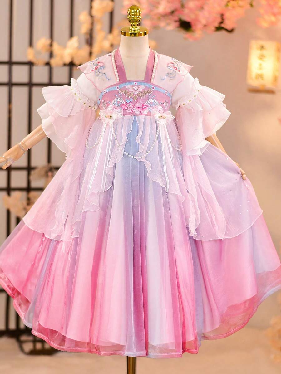 女童渐变色网眼喇叭袖汉服风格旅行连衣裙 - 紫羅蘭色 - 查看 1