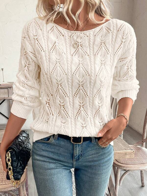 EMERY ROSE Suéter suelto de estilo vacacional con estampado floral hueco y hombros descubiertos, blusas de manga larga