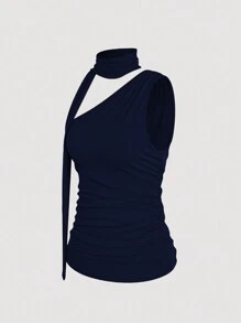 INAWLY Women Solid Color Stand Collar Hollow Pleated Camisole - Navy Blue - View 4