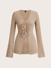 SHEIN ICON Áo dài tay có cổ chữ V màu trơn phía trước - Màu Khaki - Xem 1