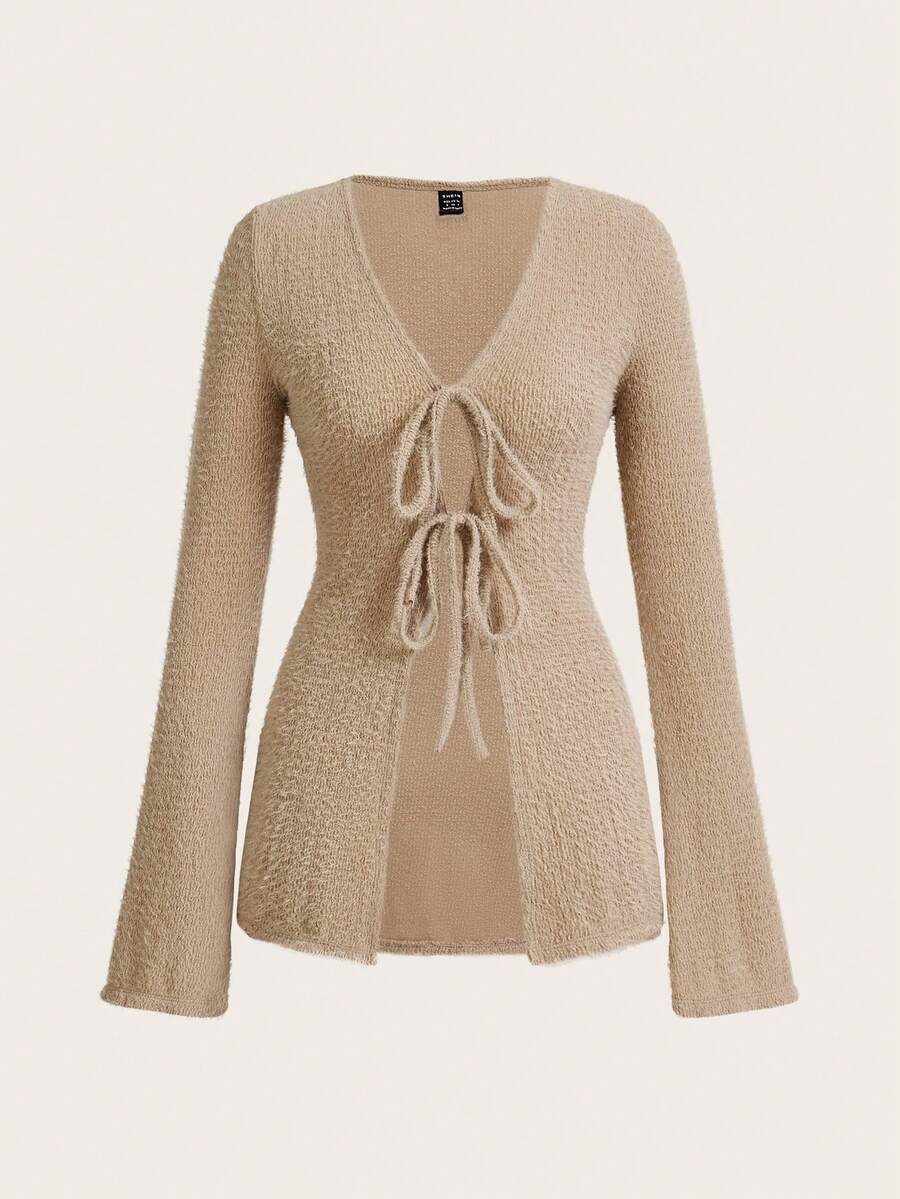 SHEIN ICON Áo dài tay có cổ chữ V màu trơn phía trước - Màu Khaki - Xem 1