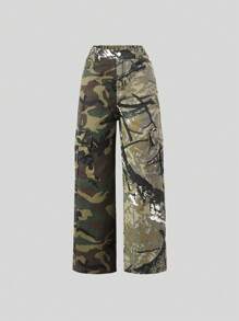Vintage Streetwear Hose mit Farbblöcken und Camouflage-Muster für Kleine Tween Mädchen - Armeegrün - Übersicht 1