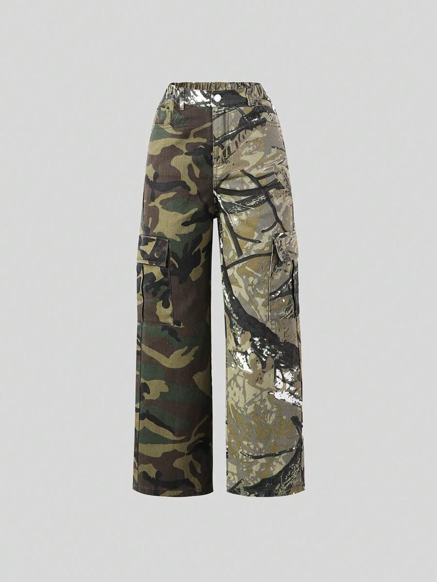 Vintage Streetwear Hose mit Farbblöcken und Camouflage-Muster für Kleine Tween Mädchen - Armeegrün - Übersicht 1