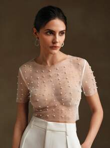 Anewsta Top corto de malla transparente y sexy con cuentas para mujer en verano - Blanco - Ver 5