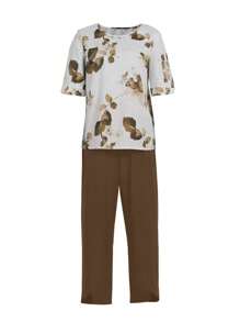 Omancia 2pcs Women's Round Neck Short Sleeve All-Over Print Top And Loose Fit Straight Leg Pants Set - Brown - View 3