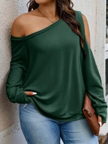 Calvaya Áo nỉ nữ cỡ lớn, cổ bất đối xứng, tay cánh dơi, màu trơn, kiểu dáng thường ngày, thích hợp cho lễ tốt nghiệp, giáo viên, mùa thu đông. - Màu xanh lá cây đậm - Xem 1