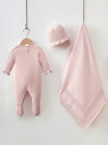 Baby Girls' Cotton Casual Elegant Lace Ruffle Hooded Sweater, Suitable For Spring/Autumn, Cute Bow Lace Knit Jumpsuit Jumpsuit For Newborn Baby Shower, 100 Days Party, 1st Birthday Party, Daily Wear, Travel