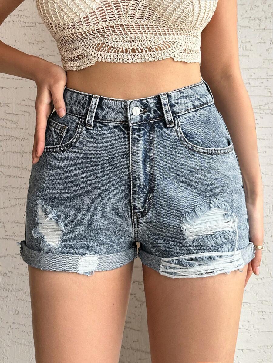 EURMUSE Mini Short Heavy Destroy Back Label And Fold Up Details - Medium Wash - View 1