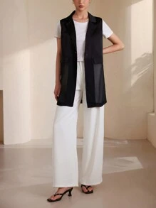 SHEIN Privé Fashionable Satin Contrast Mesh Midi Vest, Spring/Summer , Black - Black - View 5