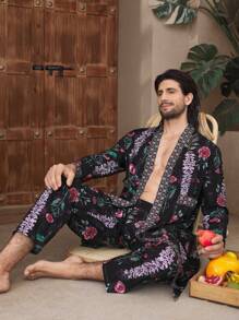 Manfinity Underwear&Sleepwear Basics 男式全图案印花拼布长袖衬衫和裤子家居服套装 - 彩色 - 查看 2