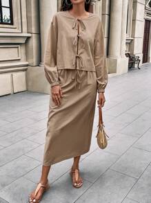 SHEIN LUNE Women's Casual Loose Comfortable Linen Bowknot Tie Decorated Peter Pan Collar Puff Sleeve Shirt + Women's Casual Comfy Linen Straight Midi Skirt - Khaki - View 3