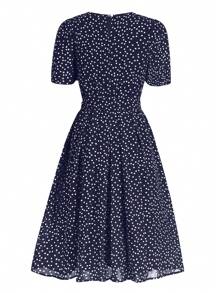 PoPoHouse Women's Elegant Round Neck Polka Dot Print Short Sleeve Waist Dress, Spring/Summer Dresses, Vacation Outfits Women, Beach Dress ,Valentine Outfits For Women
