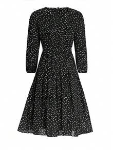 PoPoHouse 女士优雅夏季印花连衣裙，灯笼袖圆领设计，适合度假穿着，春夏皆宜。 - 黑色 - 查看 6