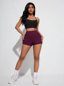 SHEIN Velisys Shorts esportivos sem costura, cintura alta e cor sólida - Preto - Ver 6
