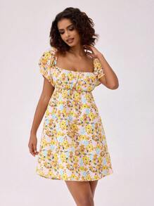 Forever 21 Vacation Style Casual Mini Ditsy Floral Puff Sleeve A-Line Dress - Multicolor - View 1