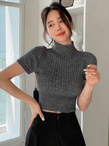 DAZY 纯色立领短袖针织上衣，春秋 - 深灰色 - 查看 2
