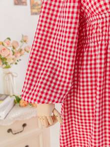 Soleia 大码女式方领长泡泡袖格子拼色蝴蝶结腰连衣裙，优雅学院风度假装 - 彩色 - 查看 7