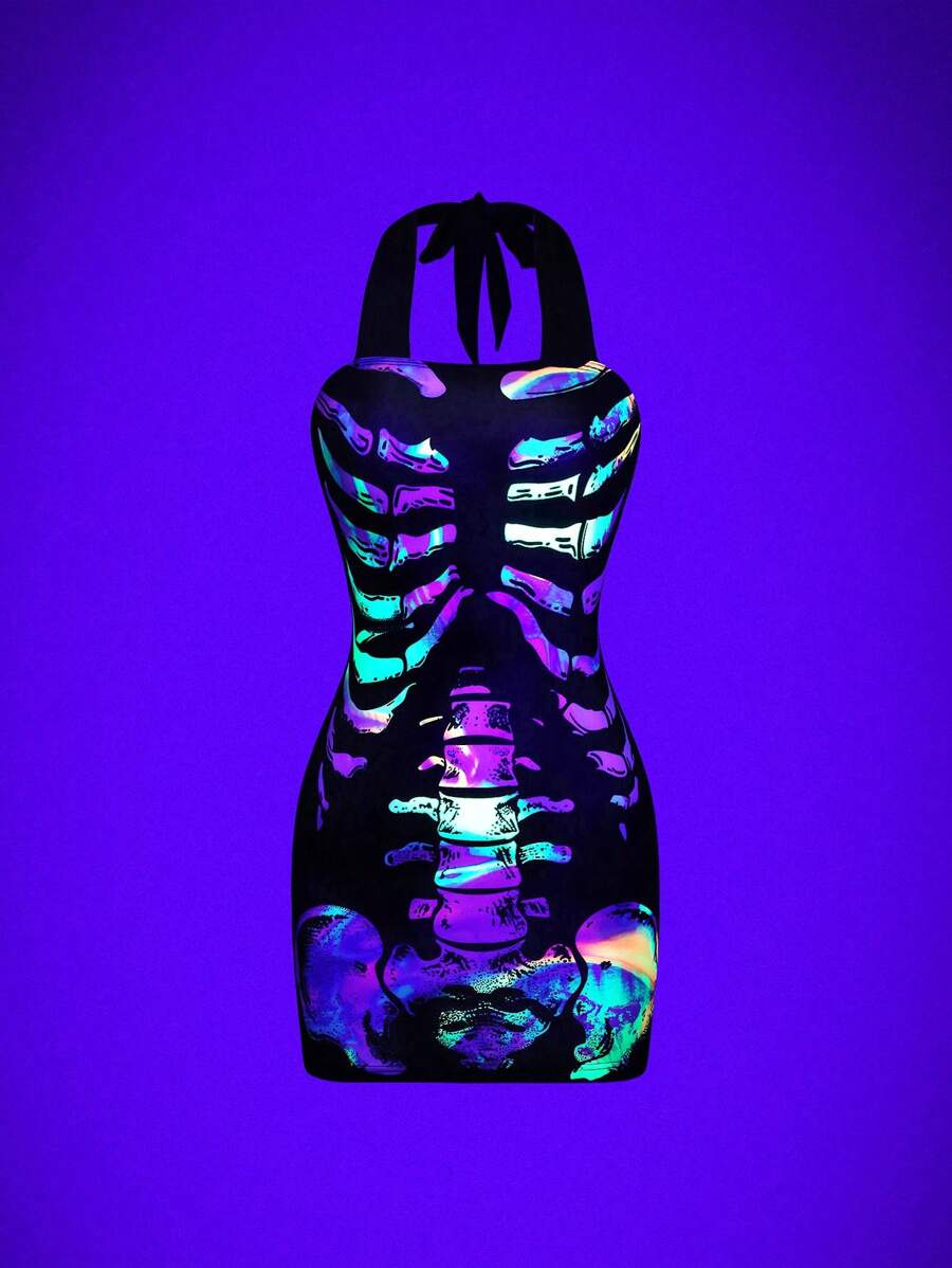 SHEIN Unity 发光彩色印花时尚吊带连衣裙迷你短款女装 - 彩色 - 查看 1