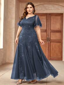 亮片蕾丝甜心领荷叶袖晚礼服，新年礼服，返校礼服，优雅正式舞会婚礼宾客礼服，毕业典礼、晚宴、生日、节日等场合适用 - 灰色 - 查看 6