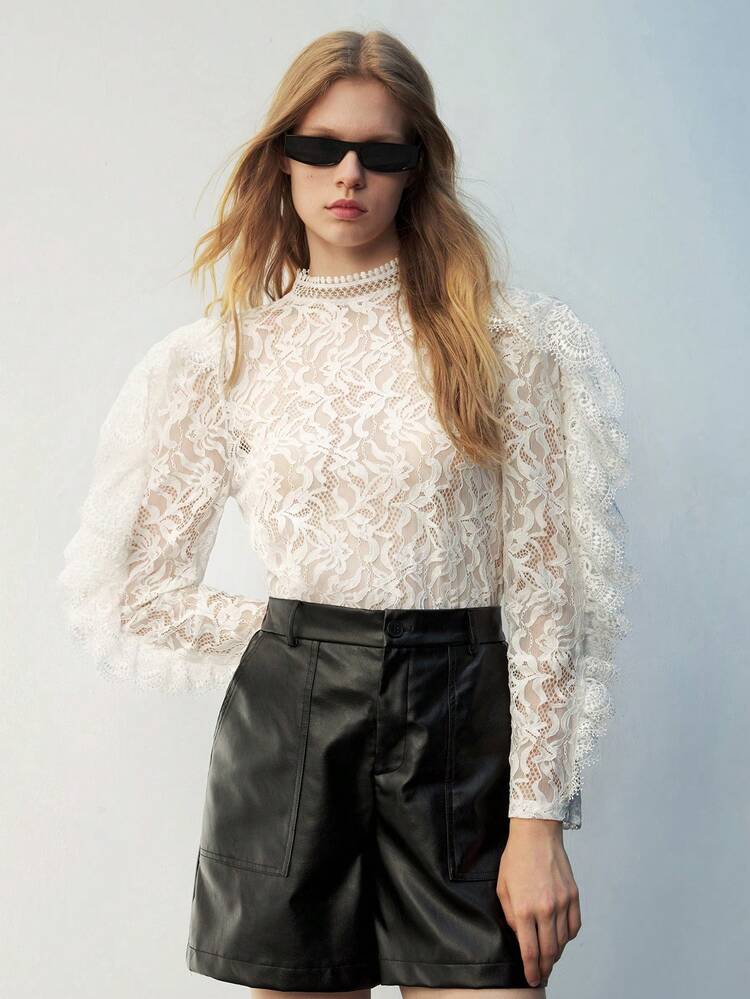 SHEIN Maija Women's Solid Color Button Back Long Sleeve Embroidery Sheer Casual Blouse, For Daily Leisure & Vacation