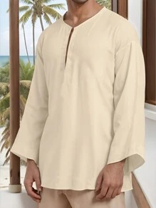 大码男士休闲深 V 领纯色假日衬衫 - 杏色 - 查看 4