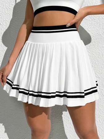 CourtClass Kontrastrandig midja Rynkad sömlös sportveckad tenniskjol, fritidskjol till vardags, atletisk kjol