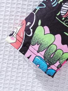 Kapuzenpullover mit Graffiti-Karo-Print und Leggings mit Vollgrafik für Tween-Mädchen, 2 Stücke Outfit - Schwarz - Übersicht 4