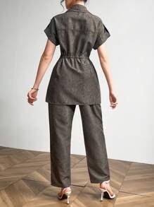 Mulvari Women's Summer Solid Color Batwing Sleeve Utility Pocket Drawstring Waist Shirt And Pants Casual Commuter 2-Piece Set 2 Piece Set - Mocha Brown - View 7